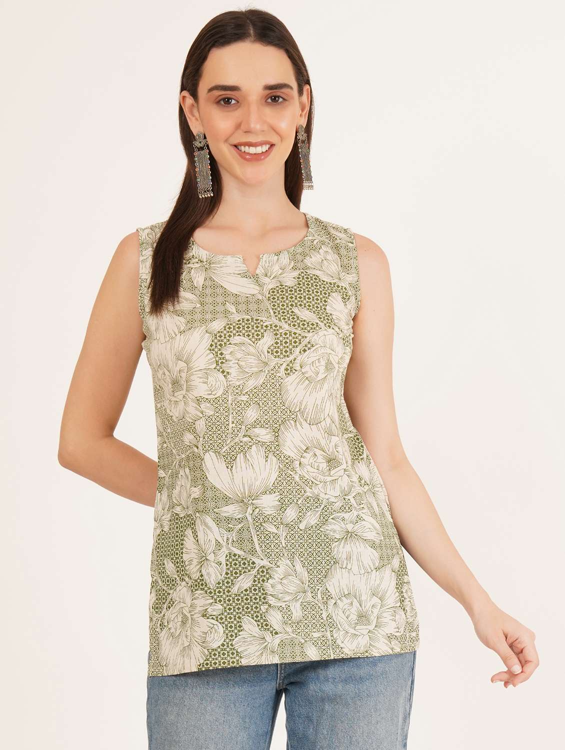 women floral printed sleeveless straight kurti - 22066253 - Standard Image - 1