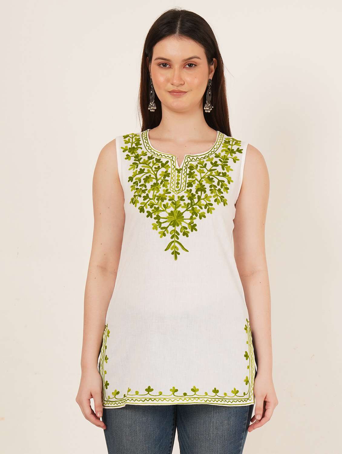 women solid wiith work sleeveless straight kurti - 22066282 -  Standard Image - 1