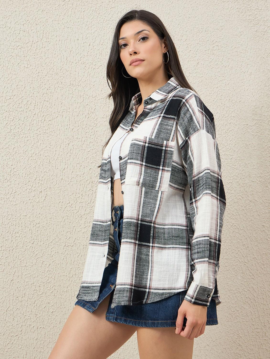 women checkered collared long sleeve oversized shirt - 22066306 - Standard Image - 1