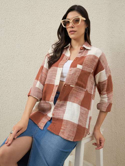 women checkered collared long sleeve oversized shirt - 22066307 -  Standard Image - 0