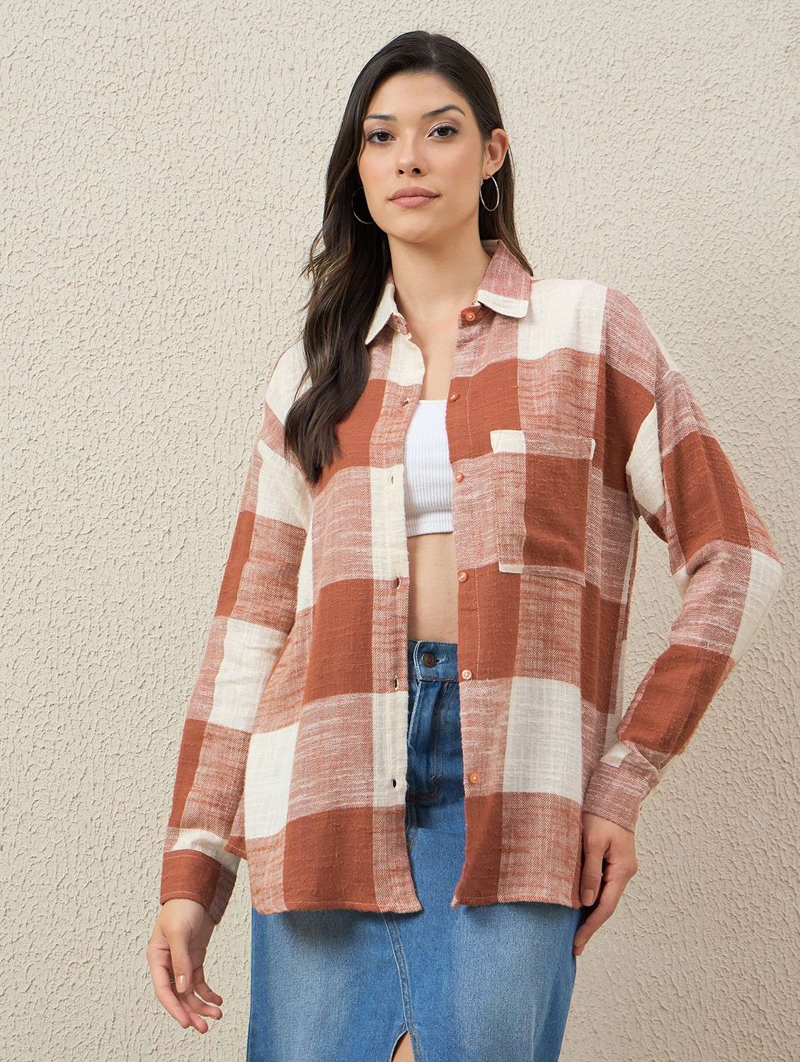 women checkered collared long sleeve oversized shirt - 22066307 -  Standard Image - 1