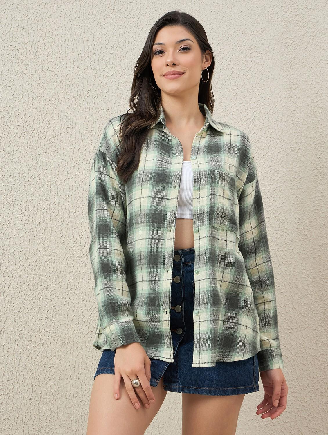 women checkered collared long sleeve oversized shirt - 22066309 - Standard Image - 1
