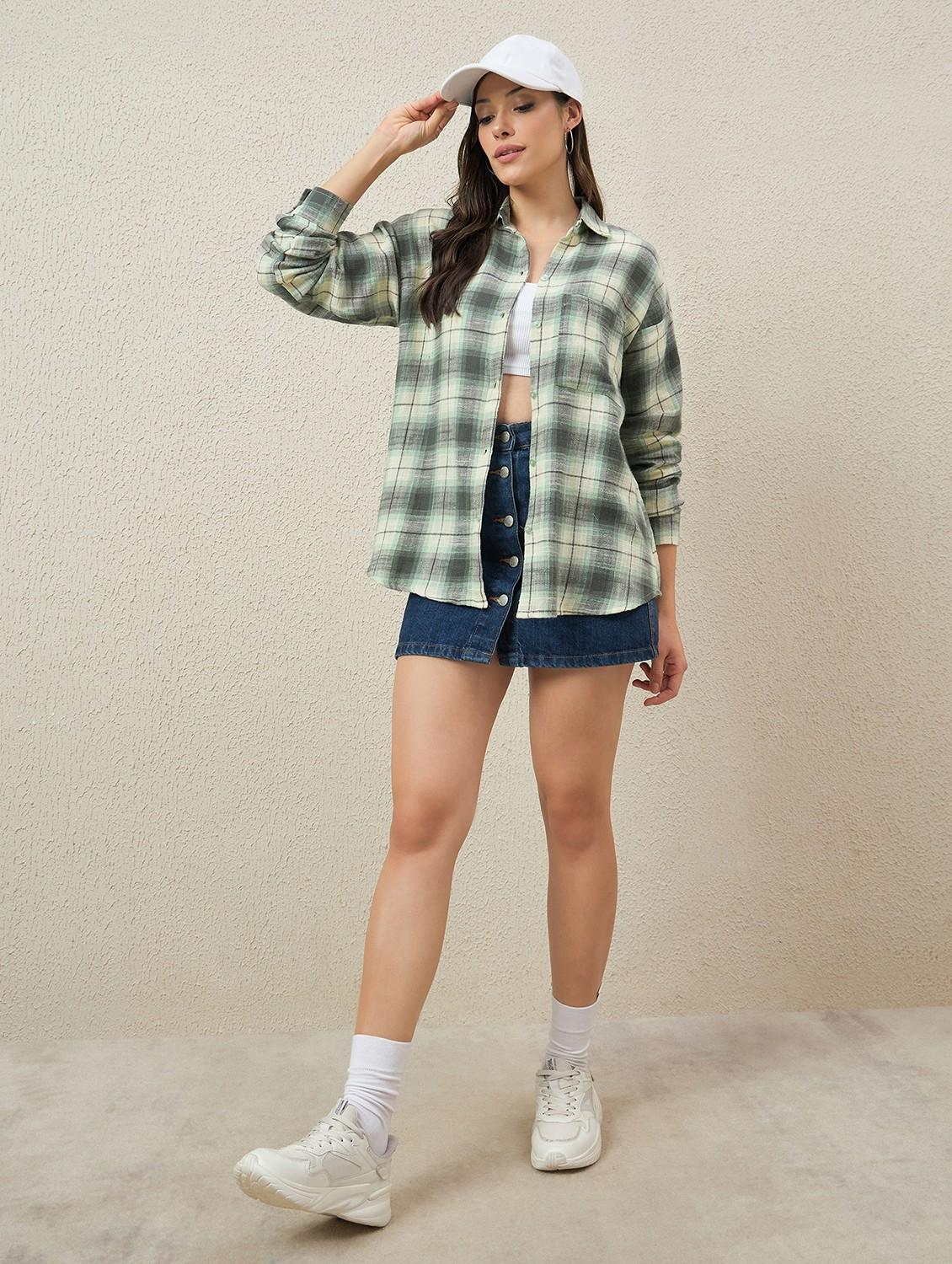 women checkered collared long sleeve oversized shirt - 22066309 - Standard Image - 4