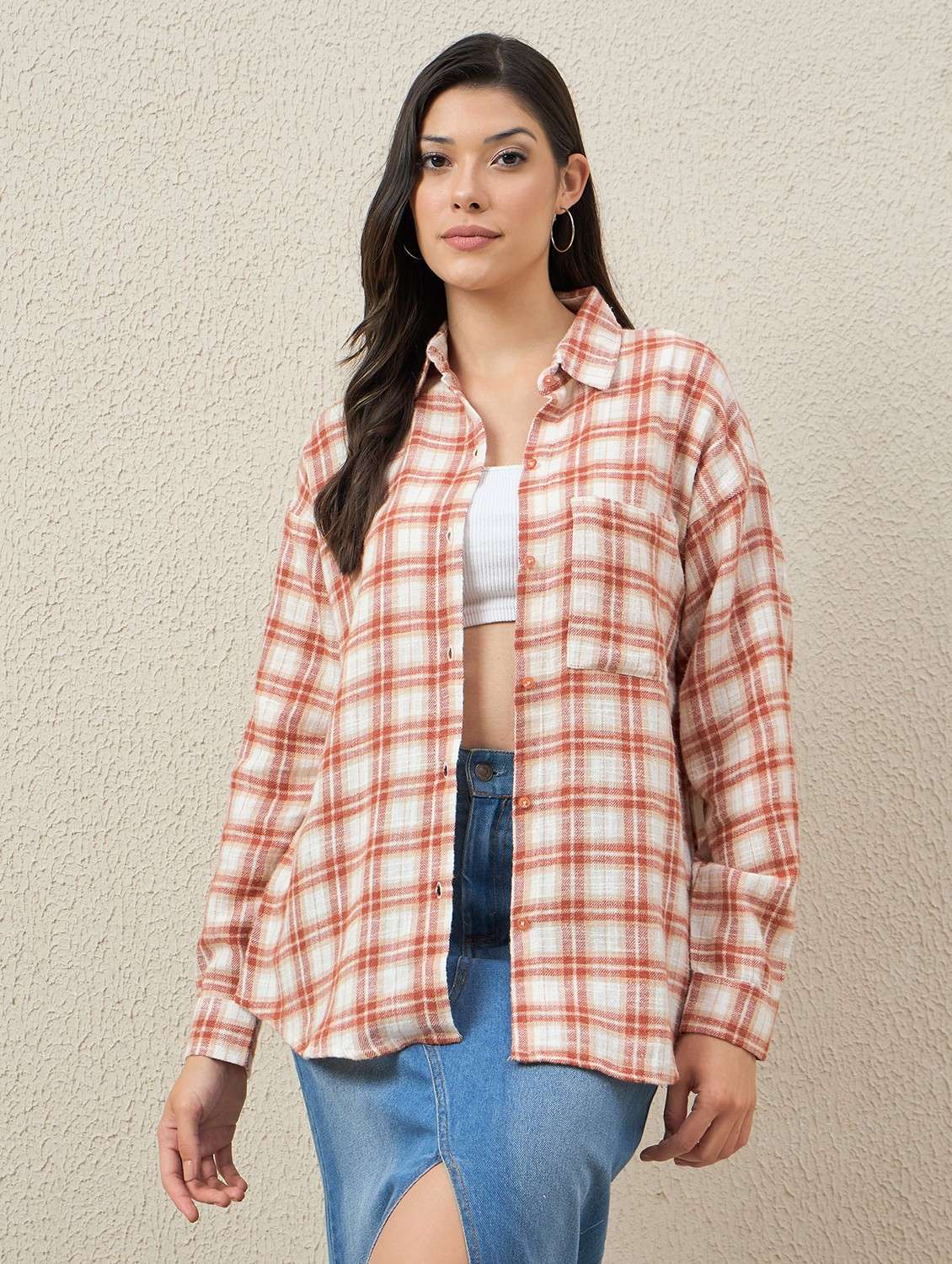 women checkered collared long sleeve oversized shirt - 22066310 -  Standard Image - 1