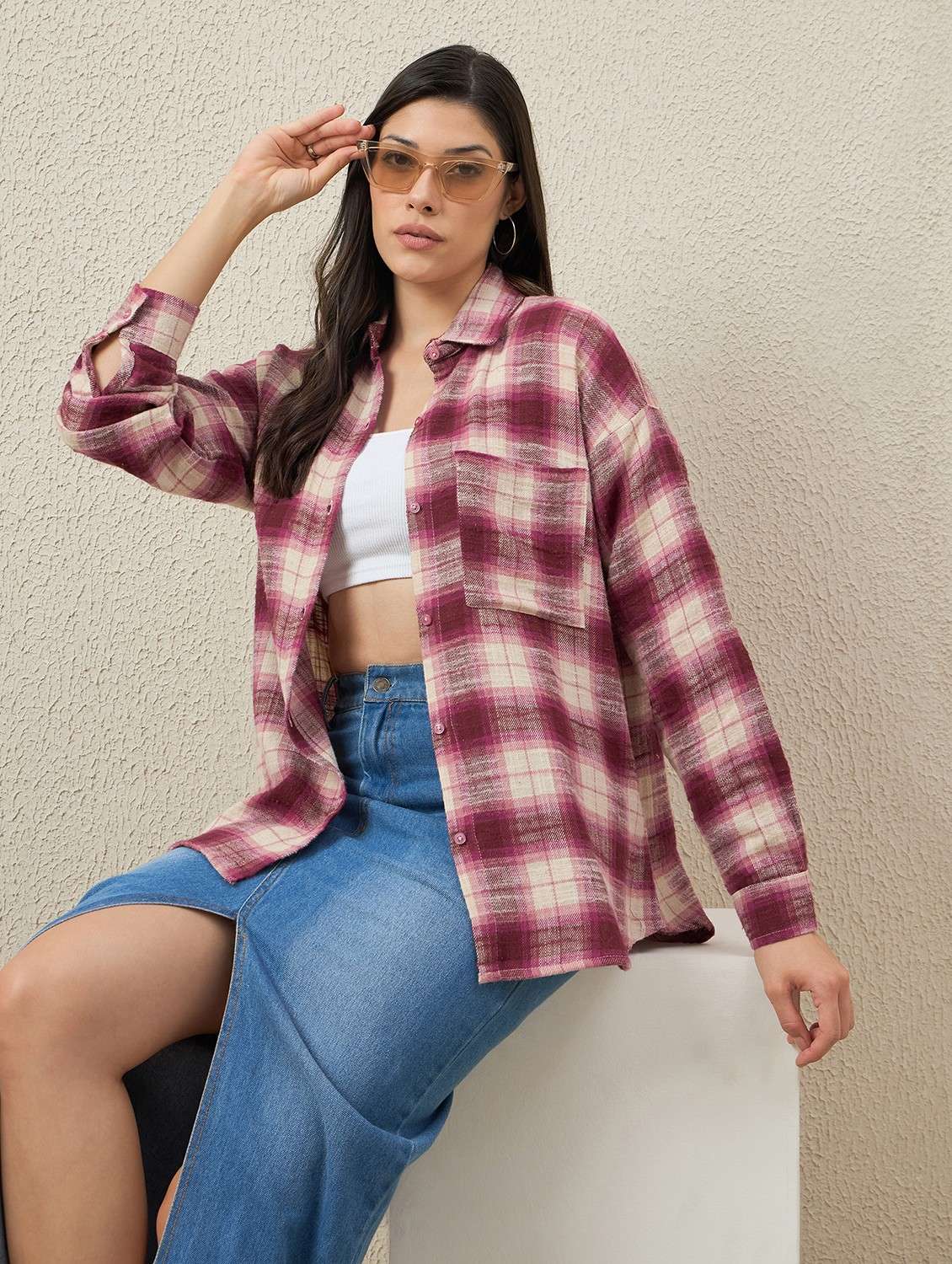 women checkered collared long sleeve oversized shirt