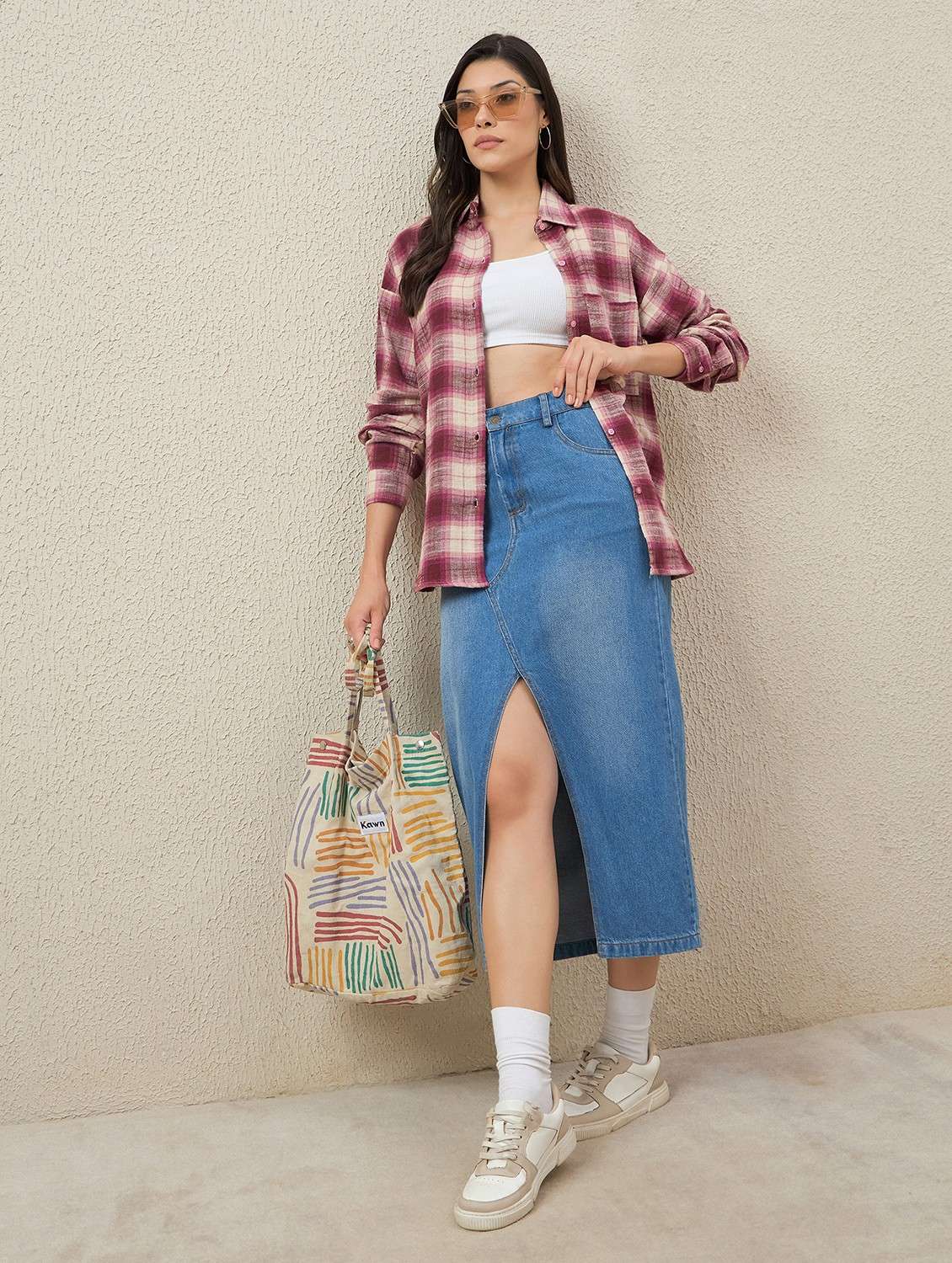 women checkered collared long sleeve oversized shirt - 22066311 - Standard Image - 4