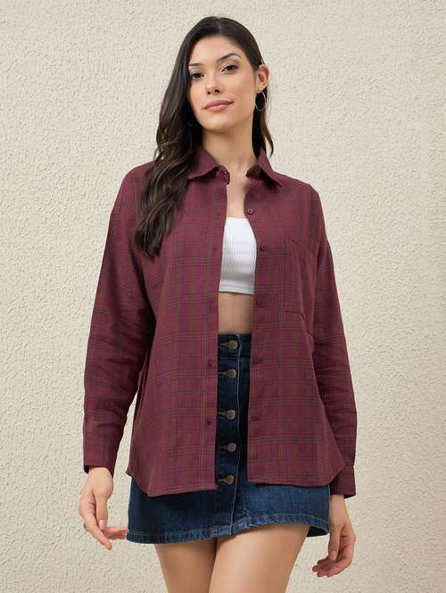 women checkered collared long sleeve oversized shirt - 22066312 -  Standard Image - 0
