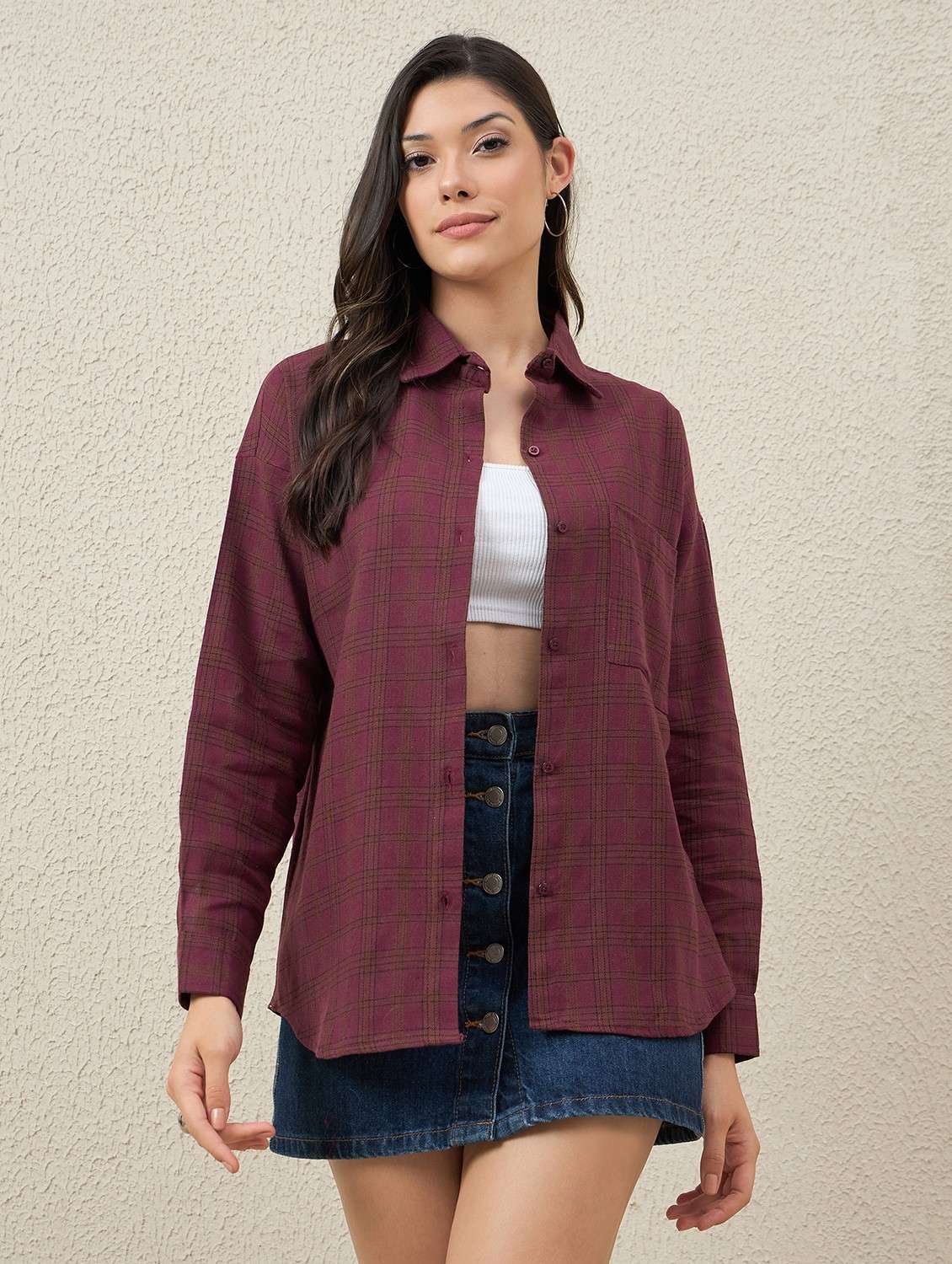 women checkered collared long sleeve oversized shirt - 22066312 -  Zoom Image - 0