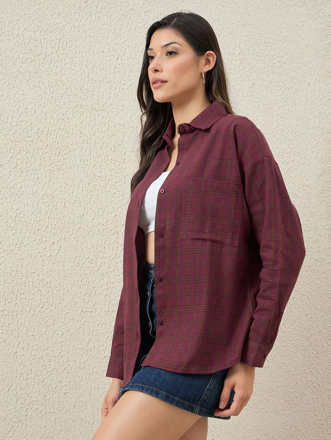 women checkered collared long sleeve oversized shirt - 22066312 -  Standard Image - 1