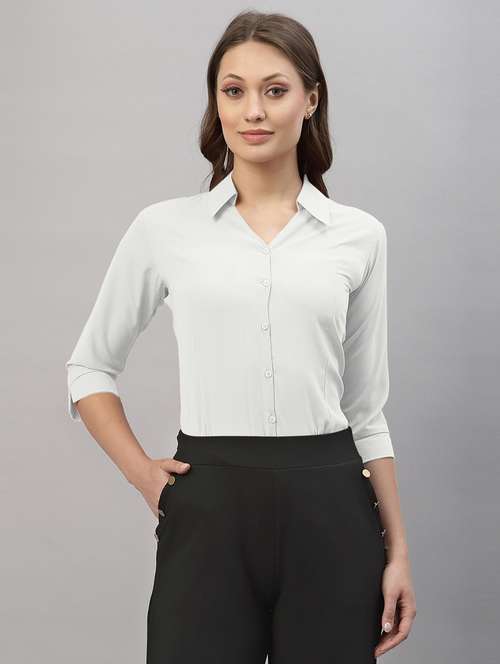women solid collared three quarter sleeve shirt - 22066313 -  Standard Image - 0