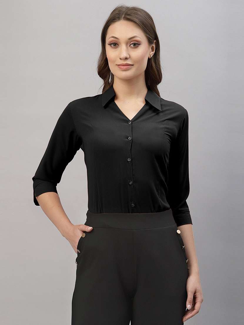 women solid collared three quarter sleeve shirt