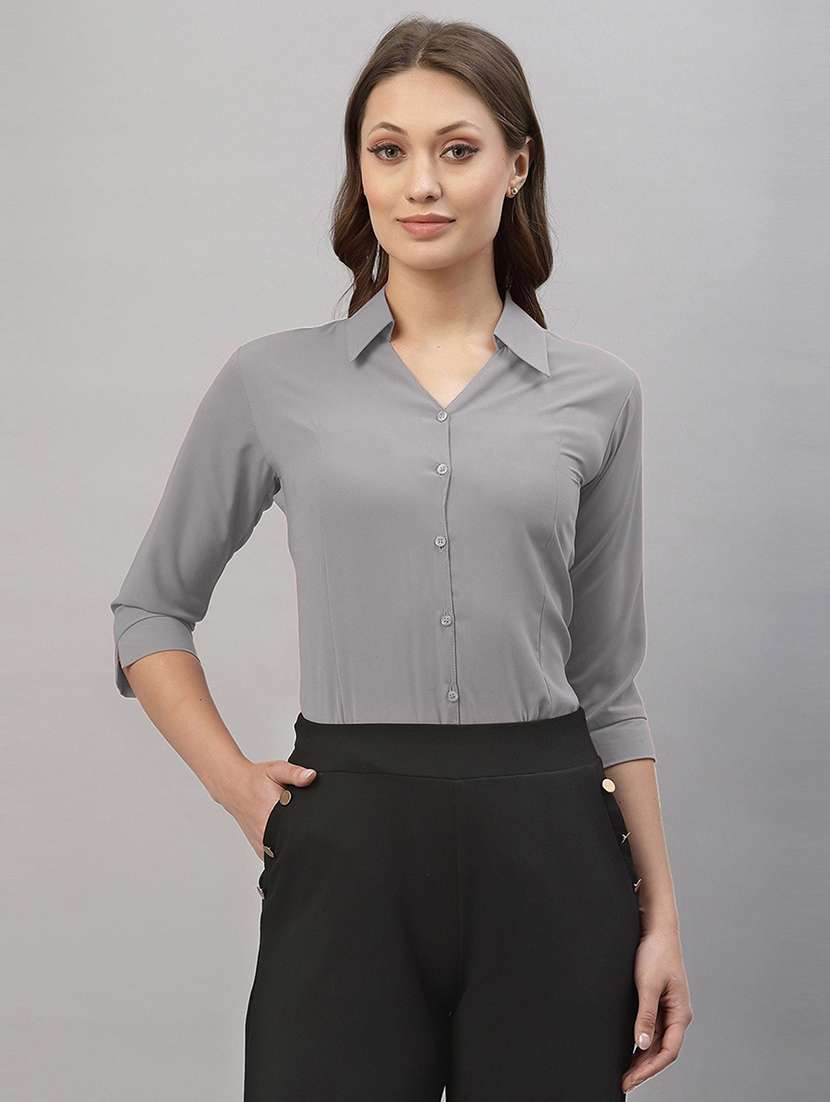 women solid collared three quarter sleeve shirt