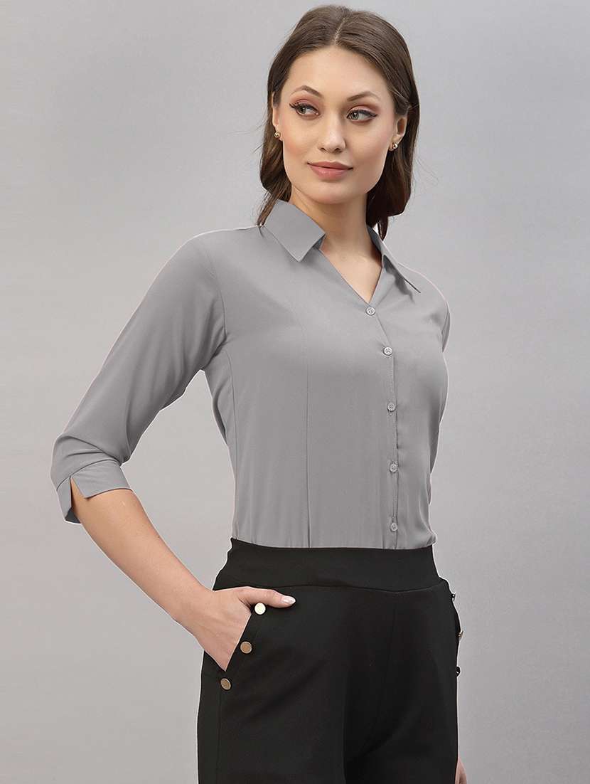 women solid collared three quarter sleeve shirt - 22066316 - Standard Image - 1