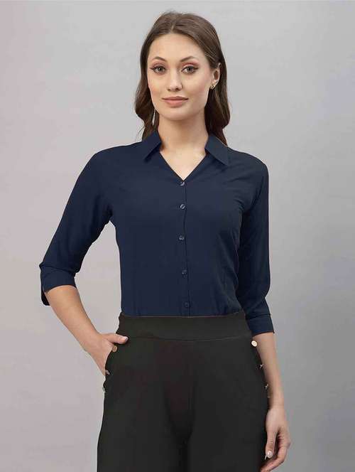 women solid collared three quarter sleeve shirt - 22066318 - Standard Image - 0