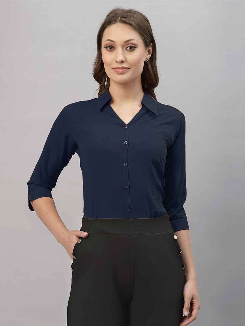 women solid collared three quarter sleeve shirt - 22066318 - Zoom Image - 0