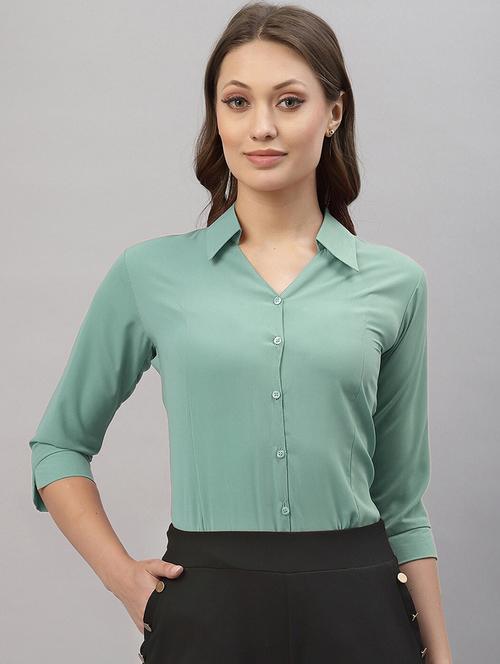 women solid collared three quarter sleeve shirt - 22066320 - Standard Image - 0