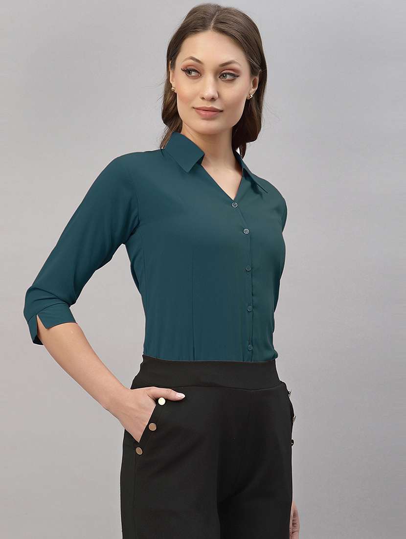 women solid collared three quarter sleeve shirt - 22066321 - Standard Image - 1