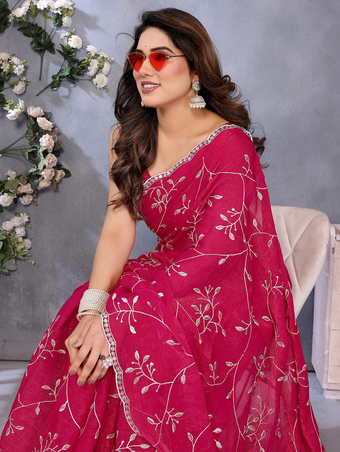 women solid with work embroidered saree with blouse - 22066327 - Standard Image - 4