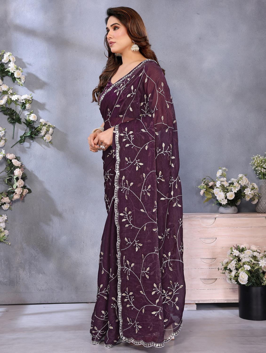 women solid with work embroidered saree with blouse - 22066329 -  Standard Image - 1
