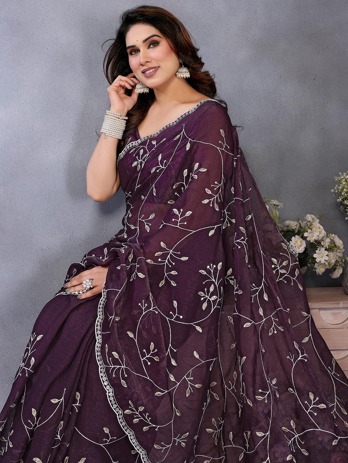women solid with work embroidered saree with blouse - 22066329 - Standard Image - 4