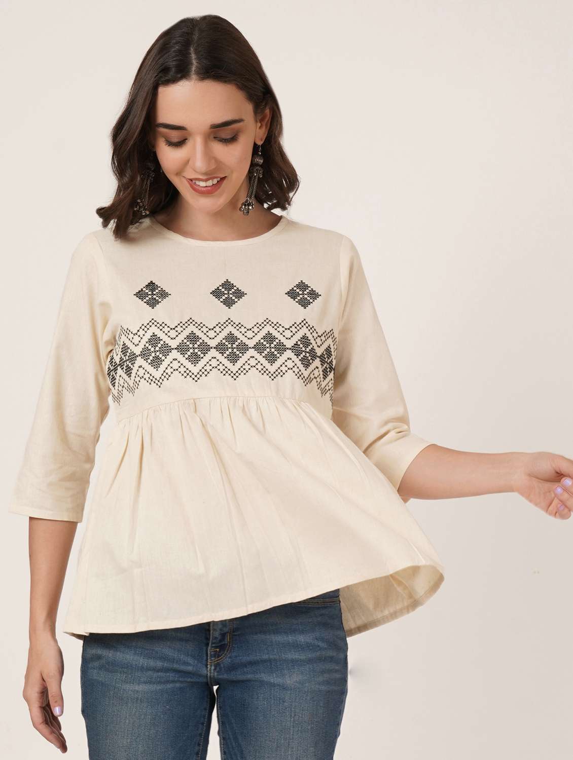 women embroidered round neck peplum top