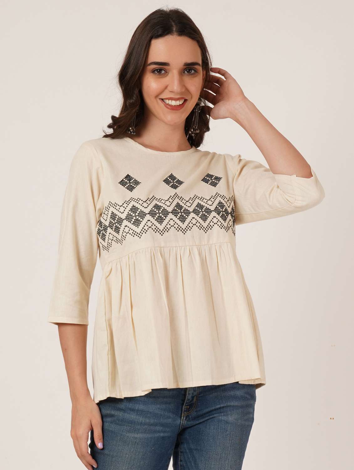 women embroidered round neck peplum top - 22066370 -  Standard Image - 1