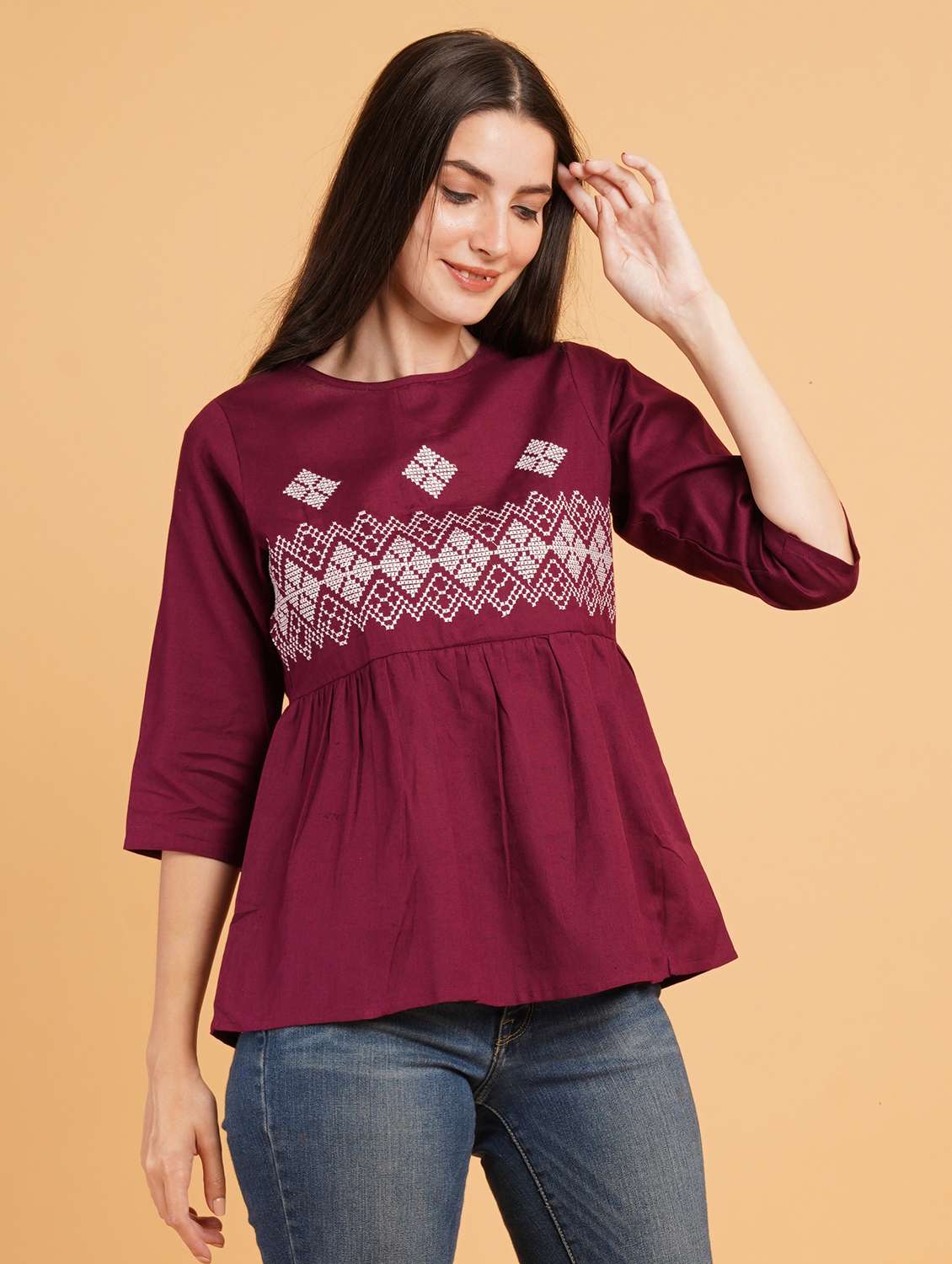 women embroidered round neck peplum top