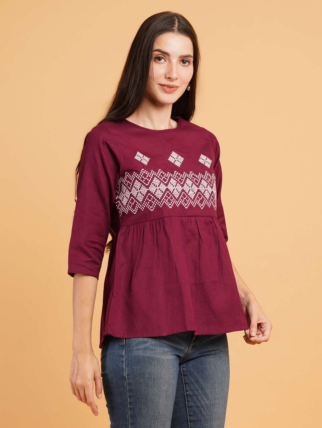 women embroidered round neck peplum top - 22066371 - Standard Image - 1