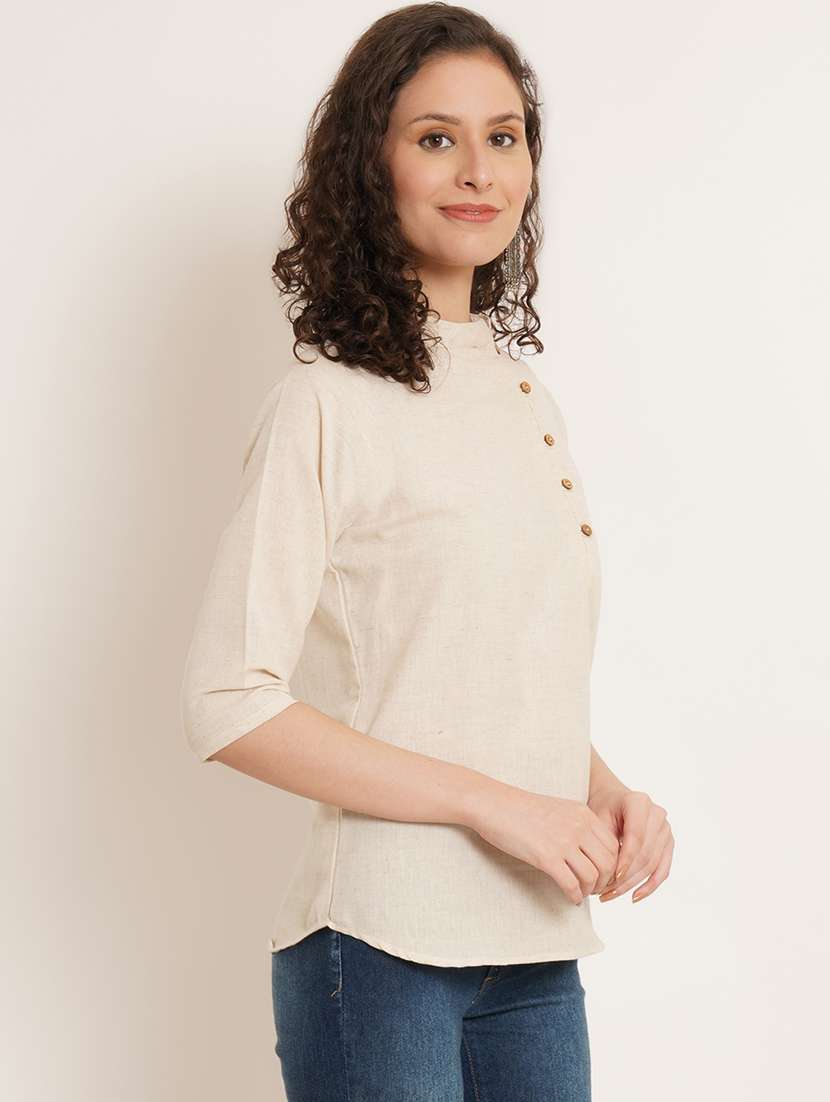 women solid mandarin neck regular top - 22066372 - Standard Image - 1