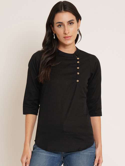 women solid mandarin neck regular top - 22066373 - Standard Image - 0