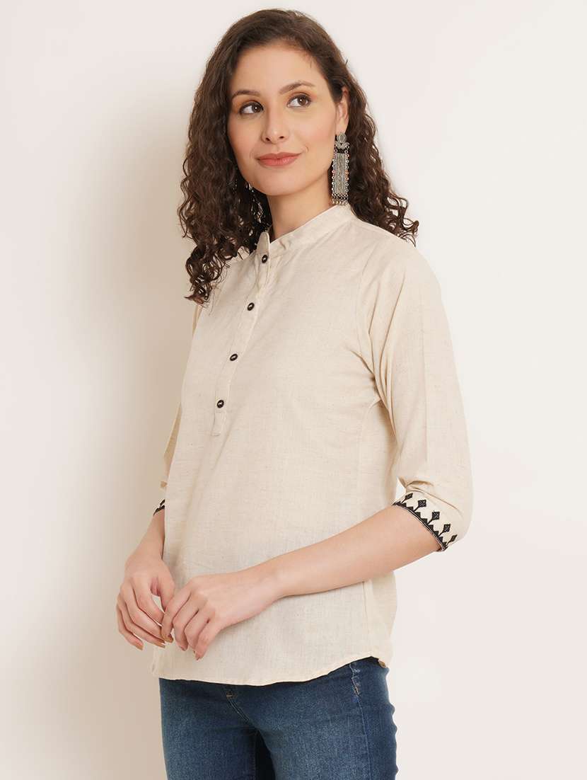 women solid mandarin neck regular top - 22066374 - Standard Image - 1