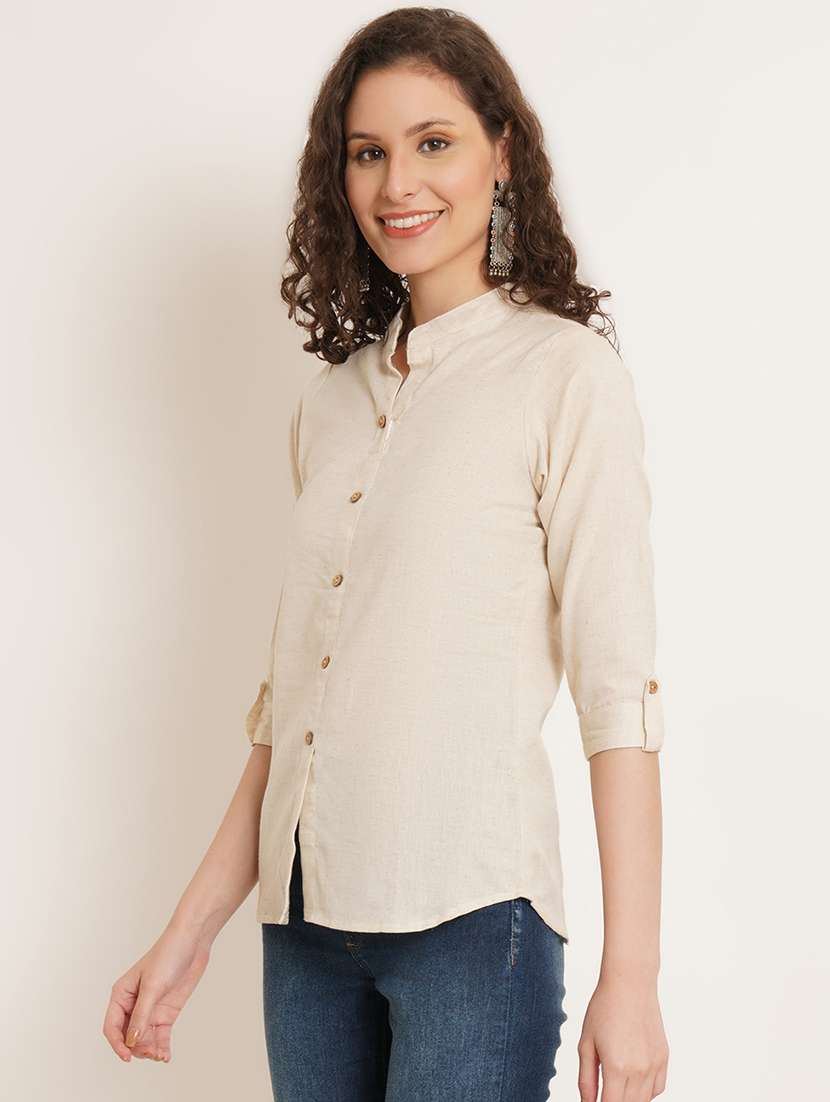 women solid mandarin neck regular top - 22066376 - Standard Image - 1