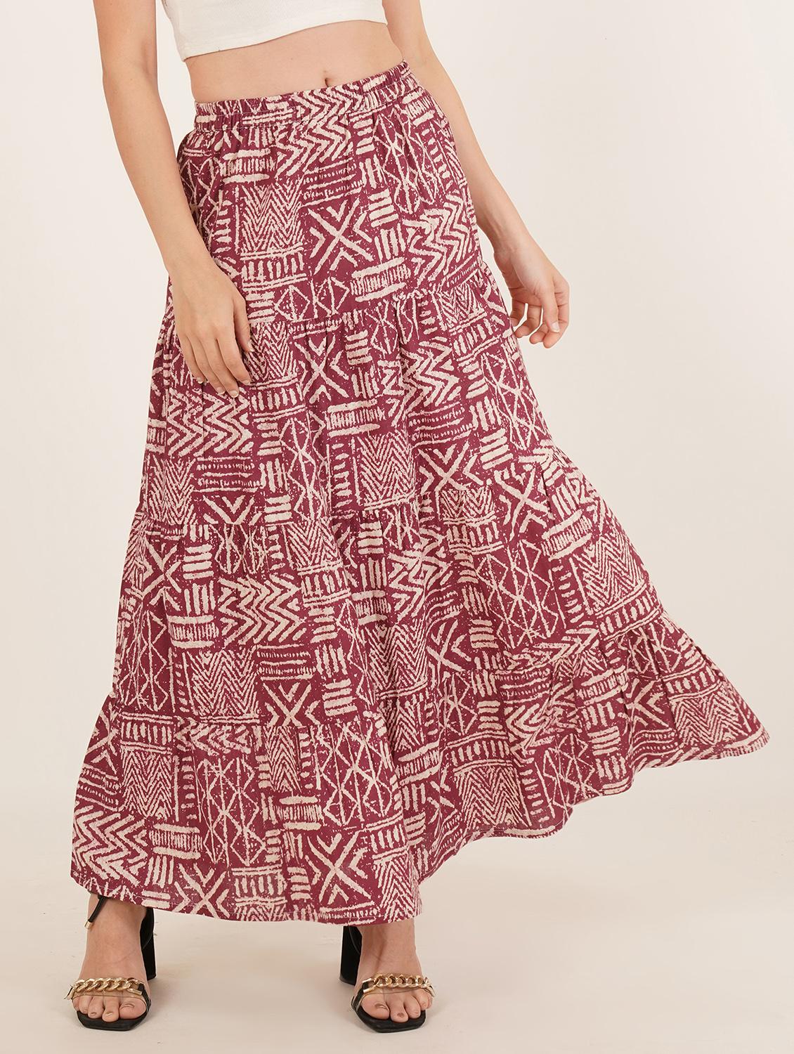 women printed mid rise tiered maxi skirt - 22066382 - Standard Image - 1
