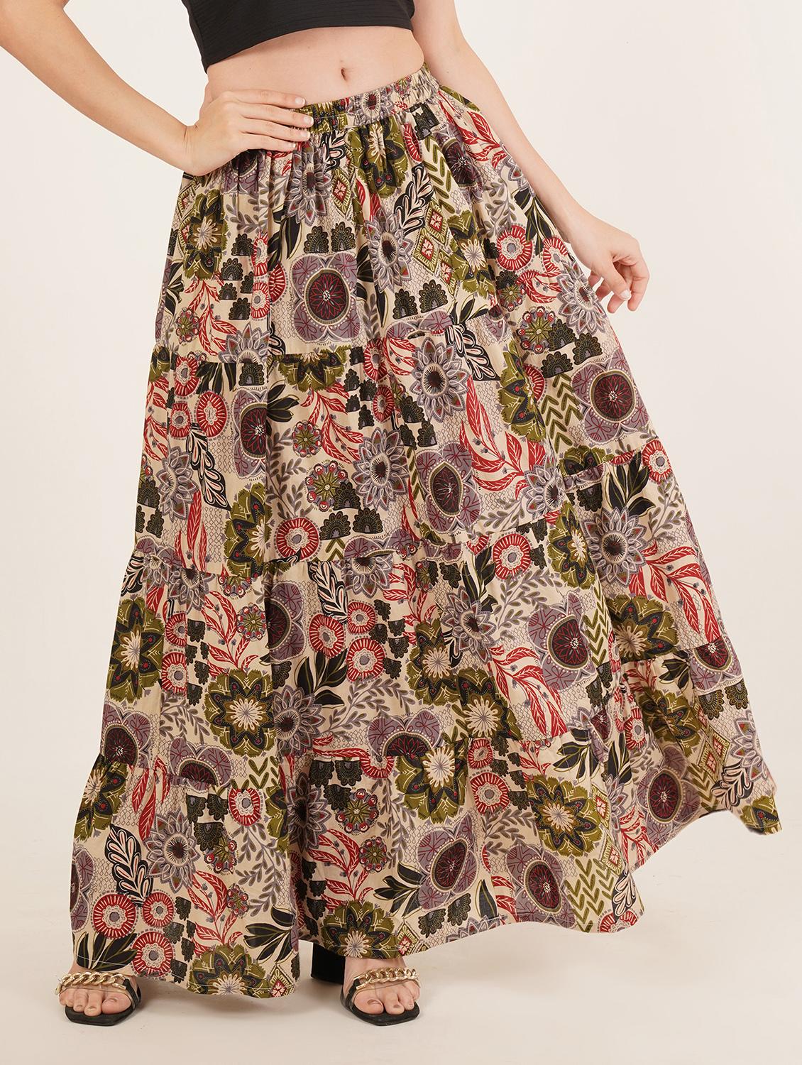 women printed mid rise tiered maxi skirt - 22066384 - Standard Image - 1