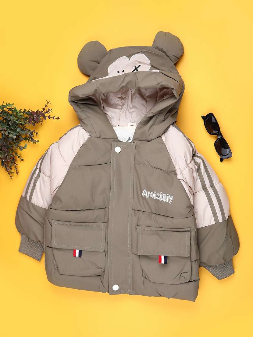 boys solid long sleeve hooded quiled acket