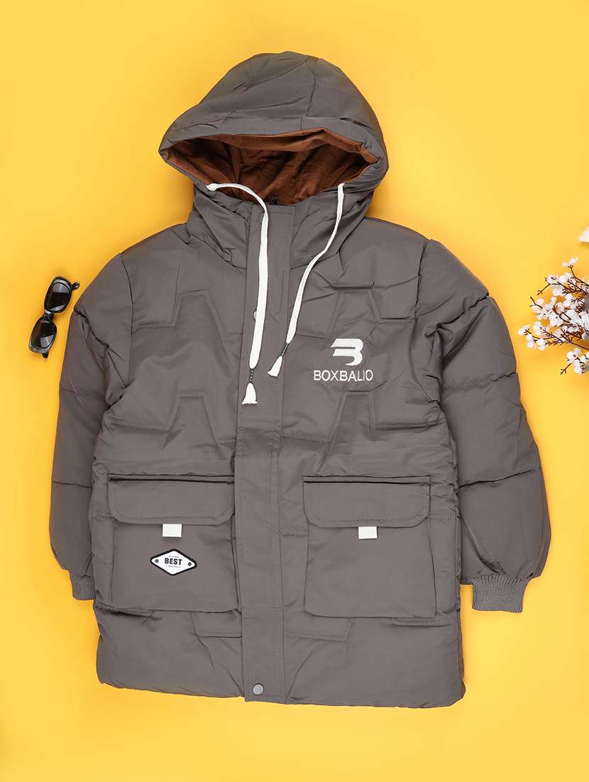 boys solid long sleeve hooded quiled acket