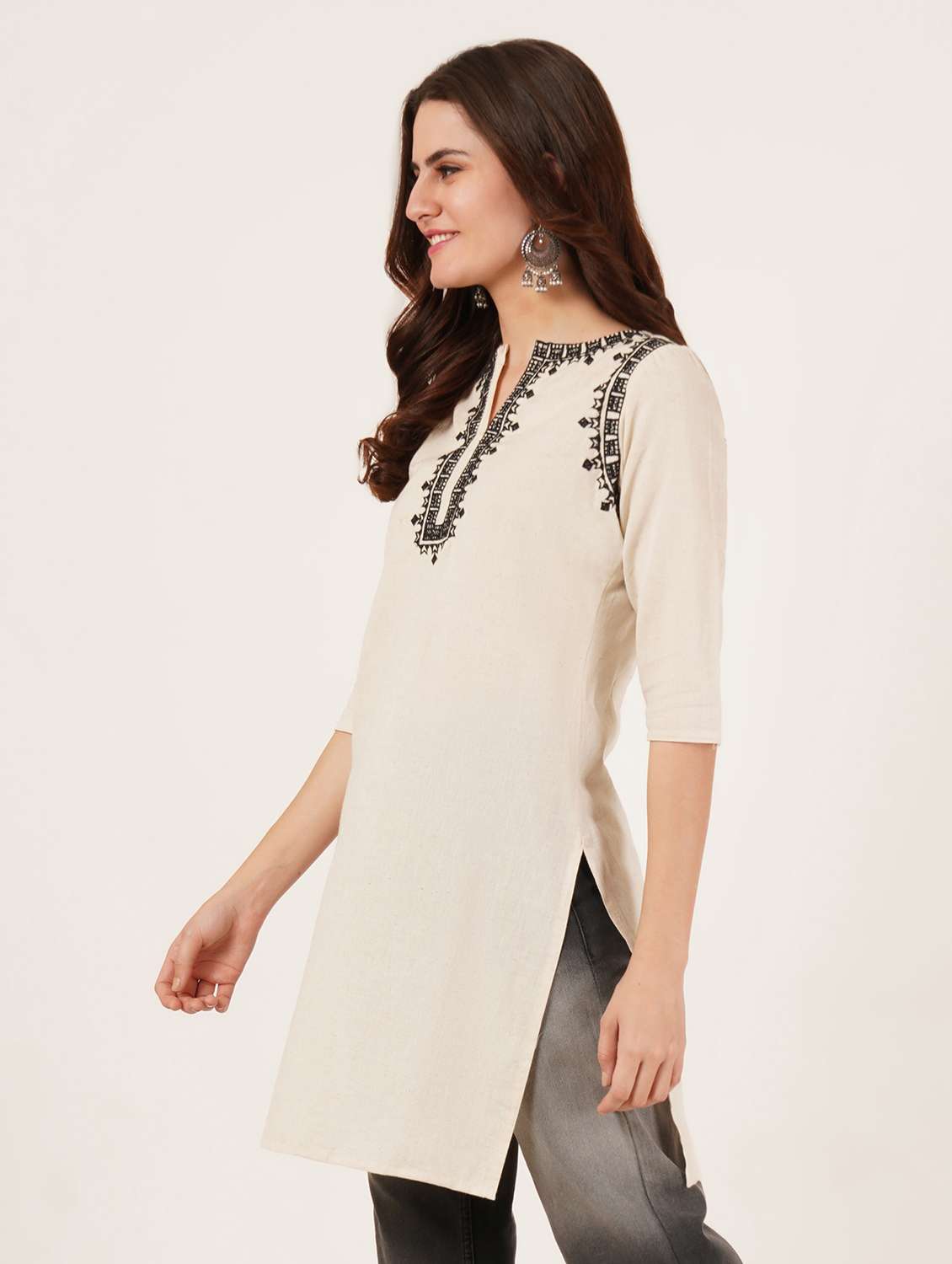 women embroidered three quarter sleeve straight kurti - 22068273 - Standard Image - 1
