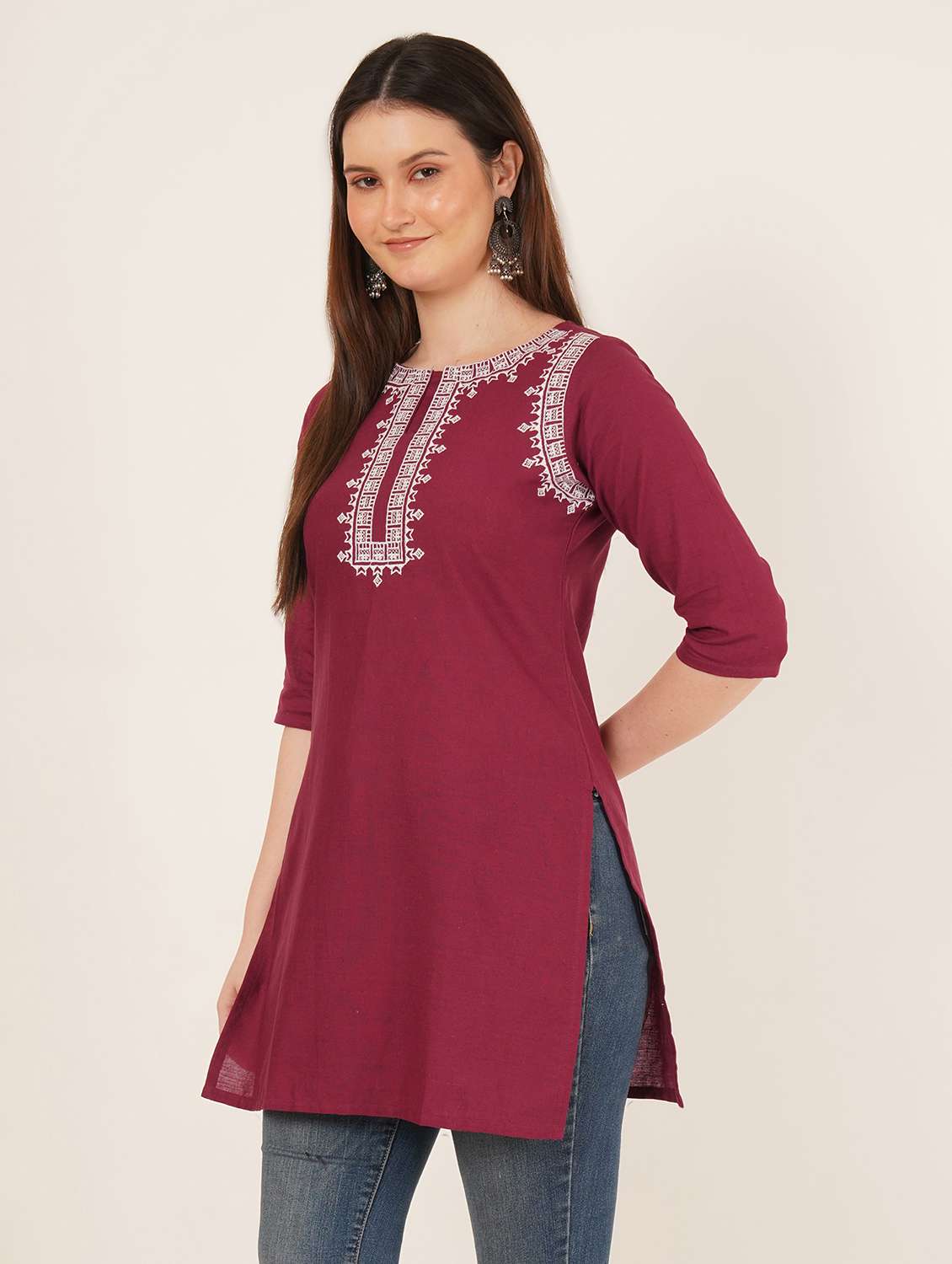 women embroidered three quarter sleeve straight kurti - 22068275 -  Standard Image - 1