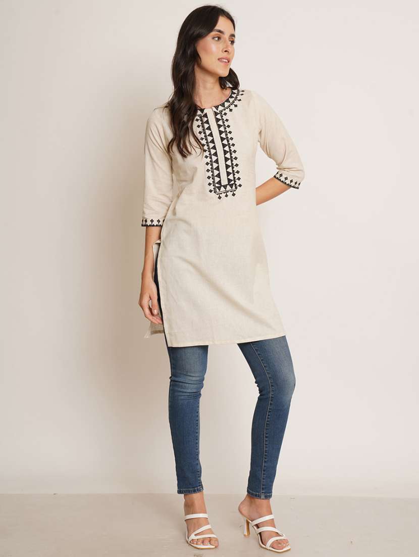 women embroidered three quarter sleeve straight kurti