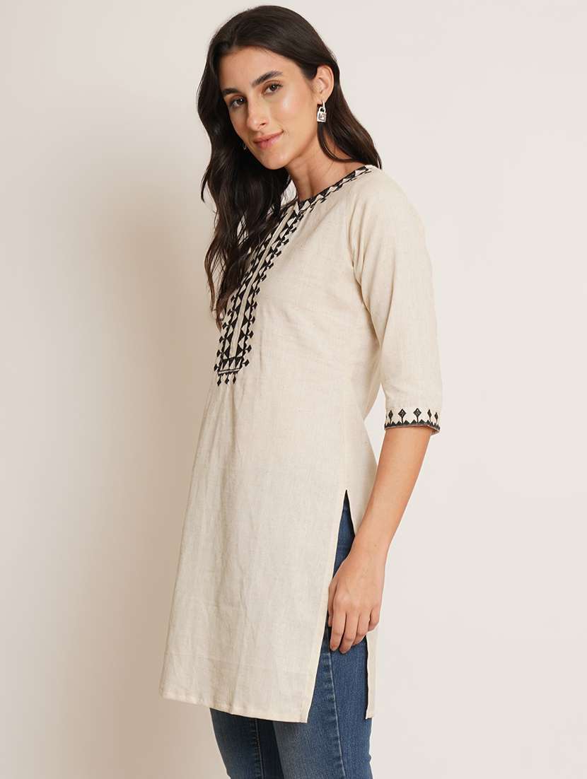 women embroidered three quarter sleeve straight kurti - 22068278 - Standard Image - 1