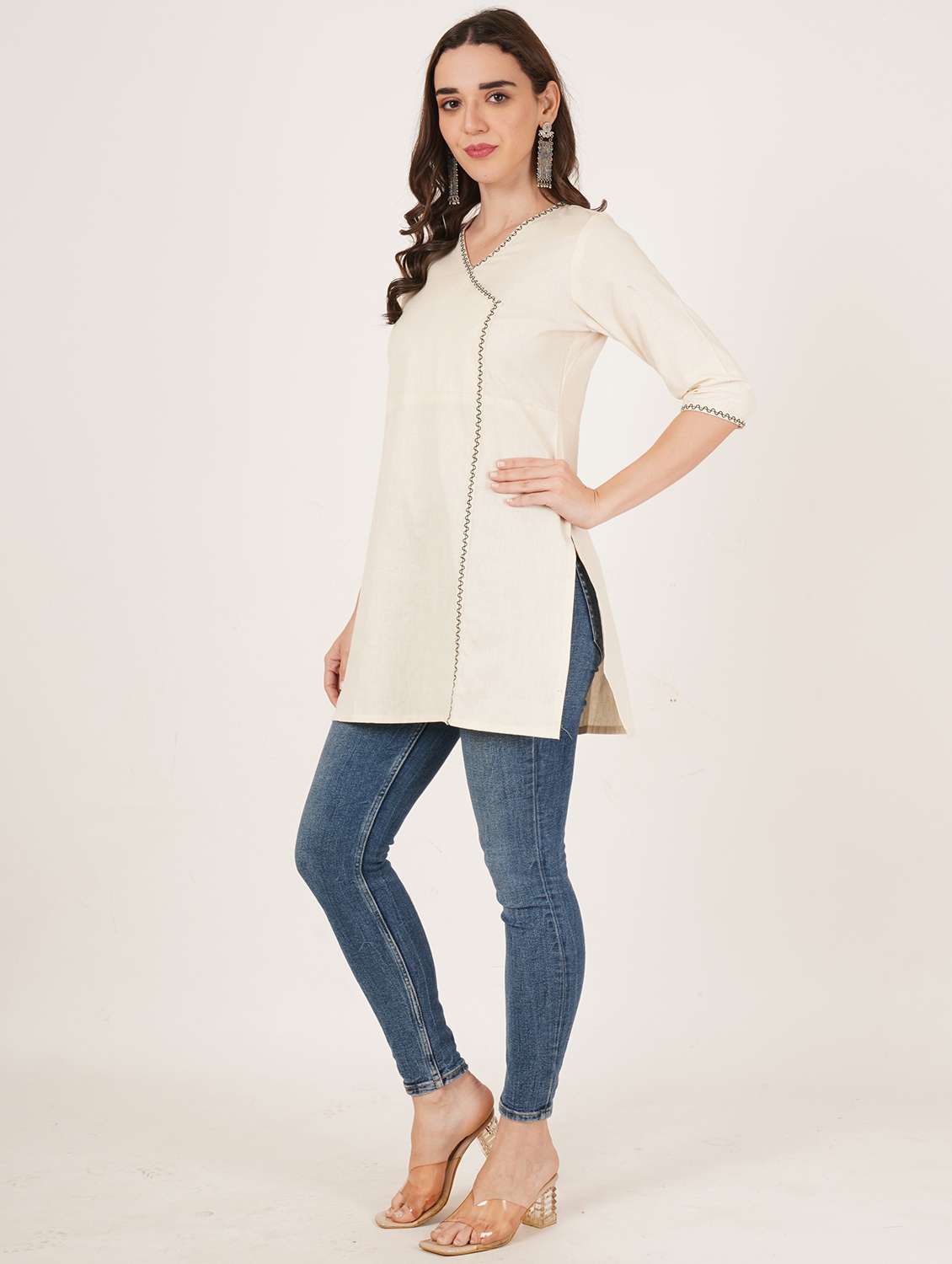 women embroidered three quarter sleeve angrakha kurti - 22068287 -  Standard Image - 4