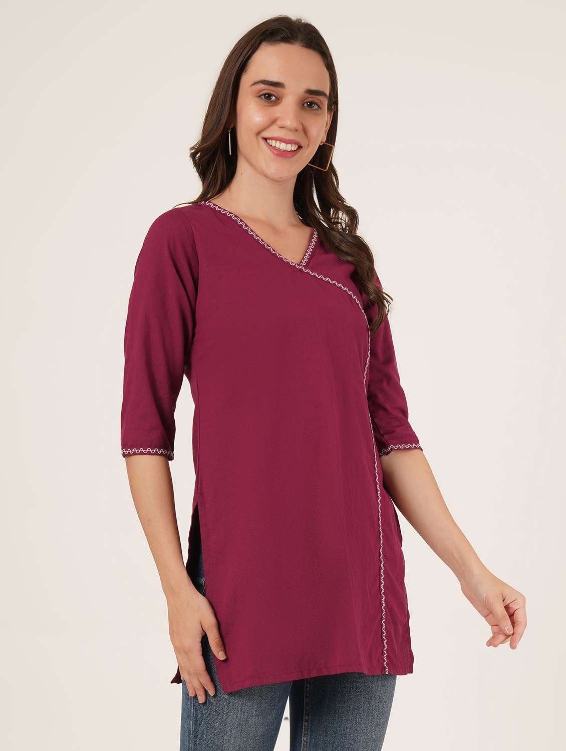 women embroidered three quarter sleeve angrakha kurti - 22068289 -  Standard Image - 1