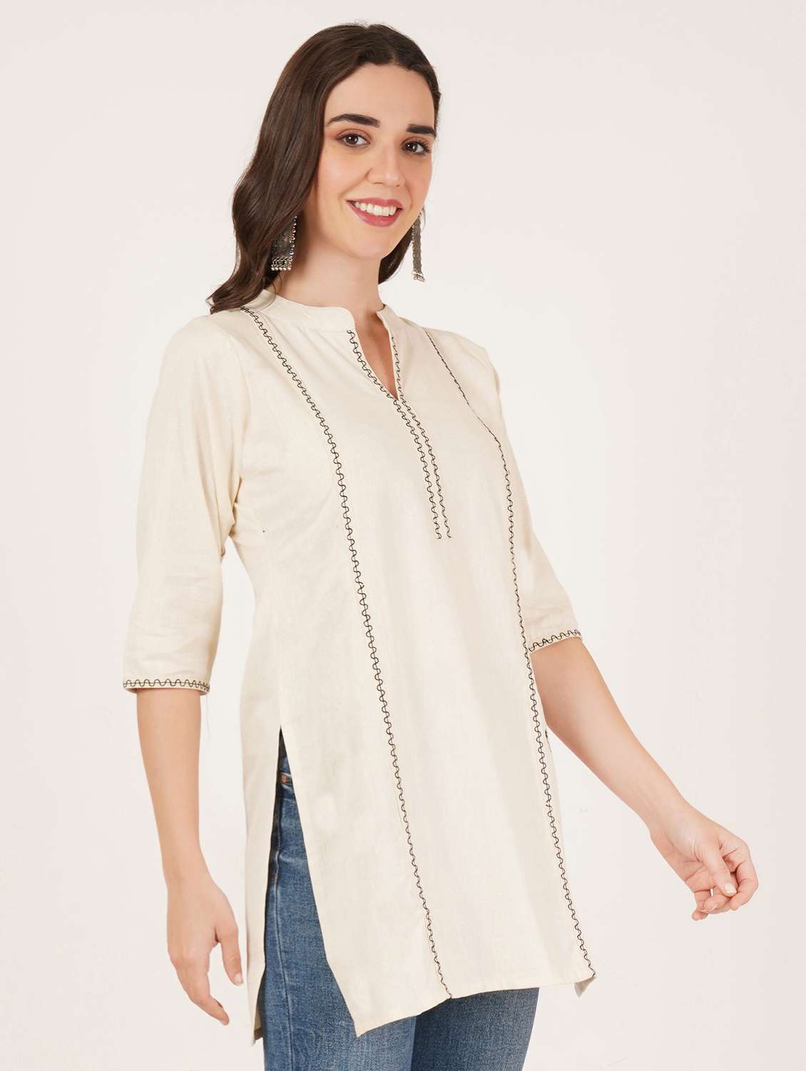 women embroidered three quarter sleeve straight kurti - 22068290 -  Standard Image - 1