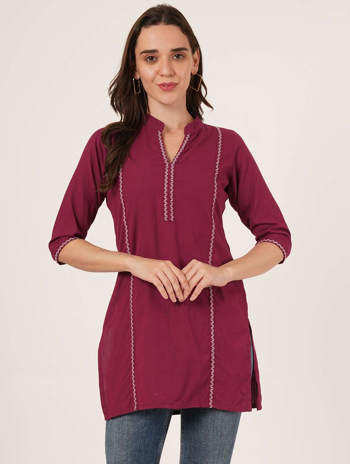 women embroidered three quarter sleeve straight kurti