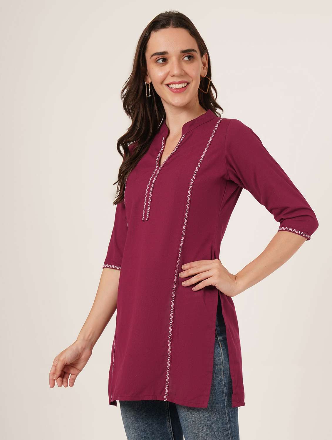 women embroidered three quarter sleeve straight kurti - 22068292 -  Standard Image - 1