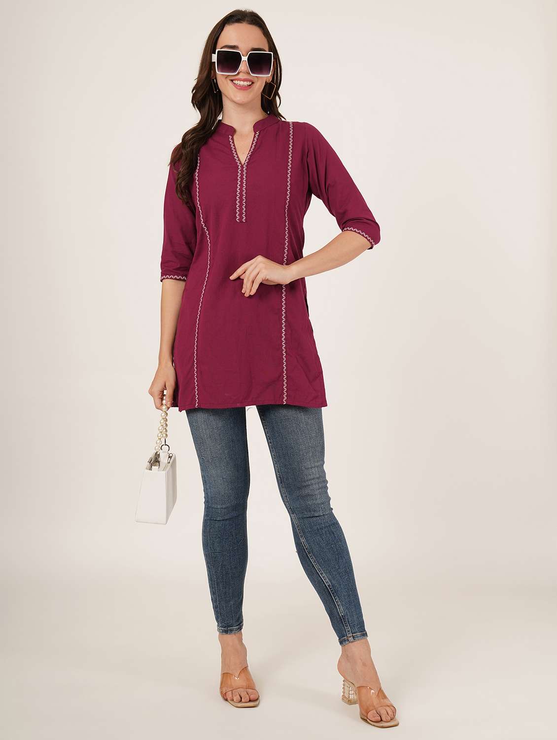 women embroidered three quarter sleeve straight kurti - 22068292 -  Standard Image - 4