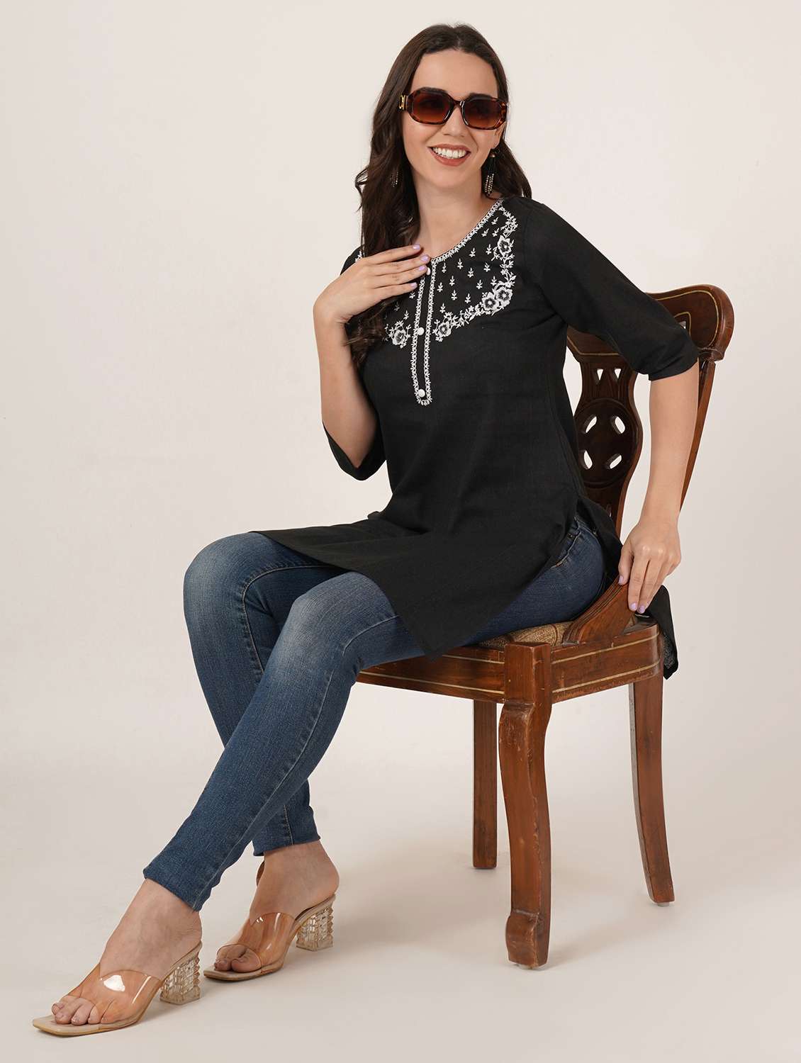 women embroidered three quarter sleeve straight kurti - 22068297 - Standard Image - 1