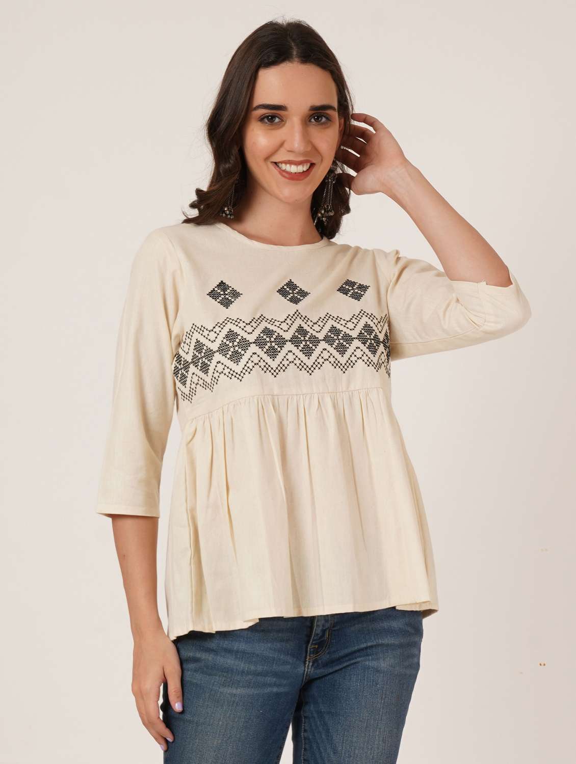 women embroidered round neck a-line ethnic top - 22068304 - Standard Image - 1