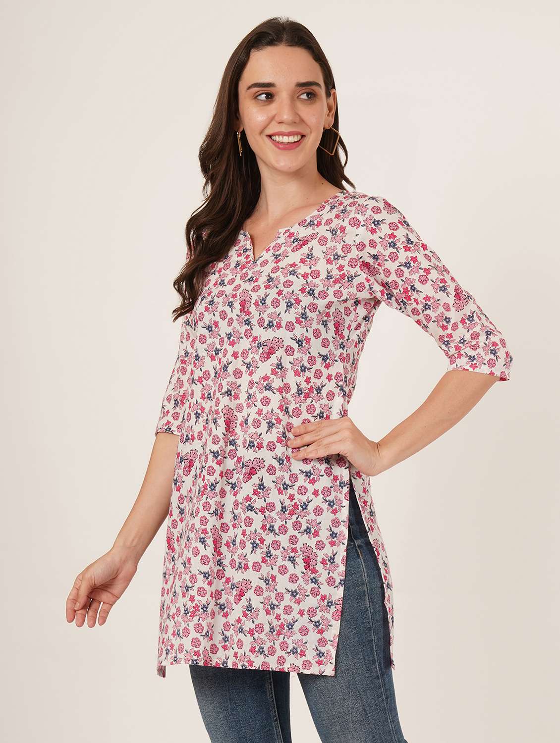 women floral printed three quarter sleeve straight kurti - 22068311 - Standard Image - 1
