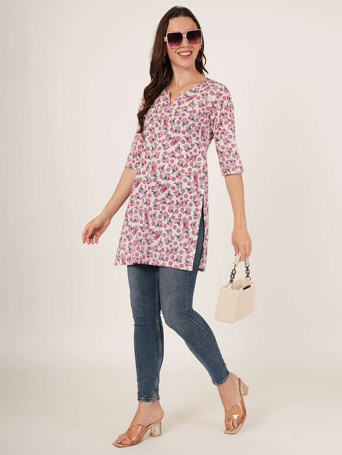 women floral printed three quarter sleeve straight kurti - 22068311 - Standard Image - 4
